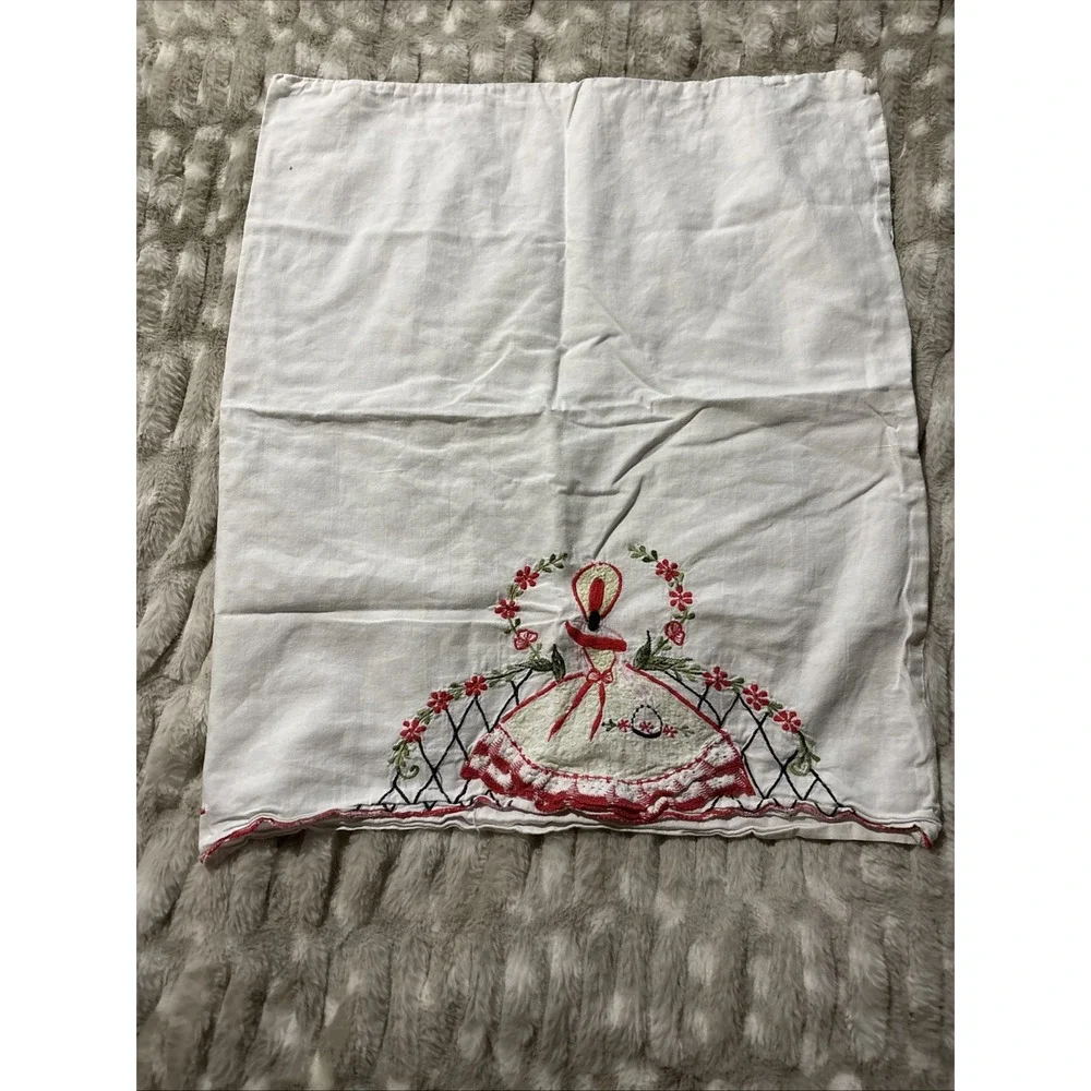 2 Vintage Southern Belle Hand Embroidered Crocheted Red Pillowcases Cottagecore